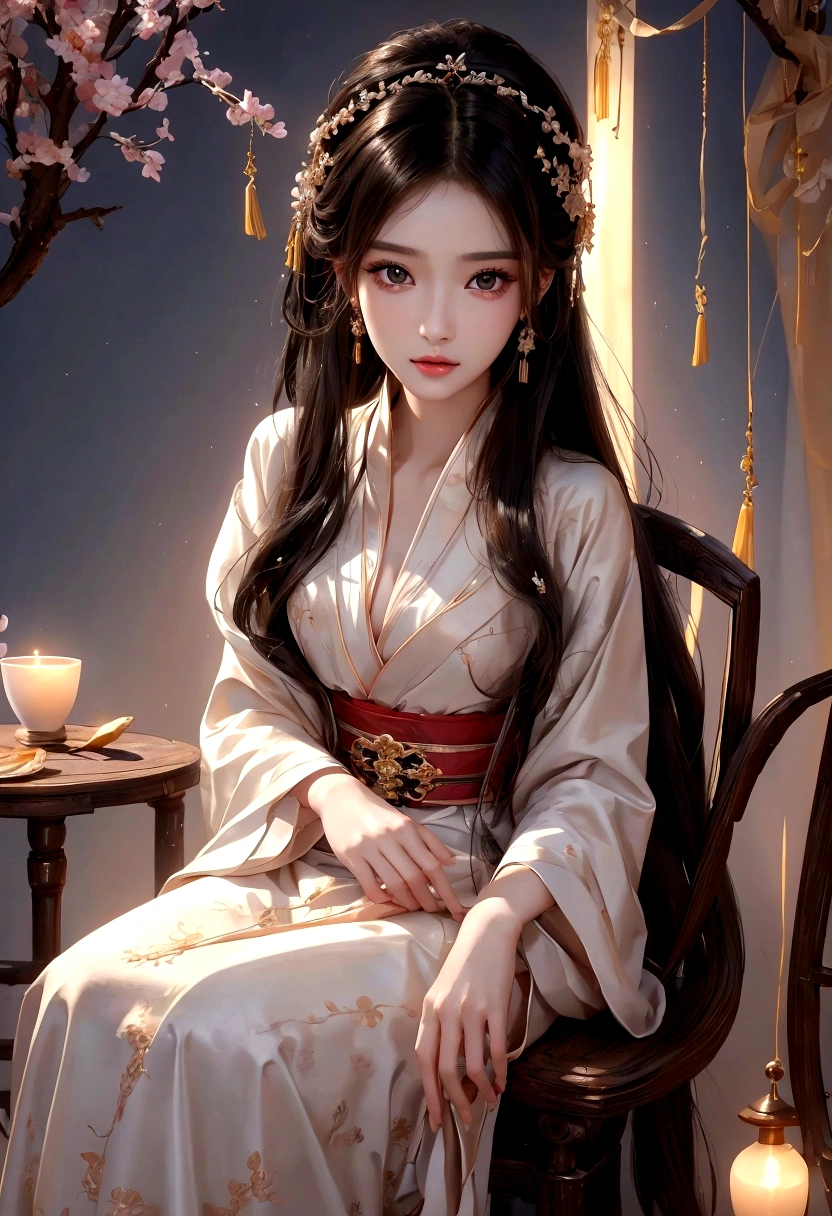 Best image quality、8K、masterpiece：1.3))、Realistic high-quality photos、Highest quality、 Beautiful face、Photos of slim models、Beautiful girl model、Young and pretty face、Beautiful model girl、A lovely and delicate face、Black Hair、Beautiful brown eyes、Young Body、Hanfu, (emphasize)、from the front、Camera gaze