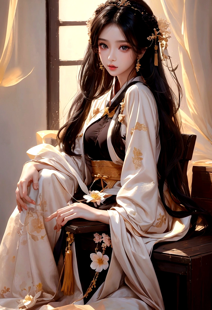 Best image quality、8K、masterpiece:1.3))、Realistic high-quality photos、Highest quality、 Beautiful face、Photos of slim models、Beautiful girl model、Young and pretty face、Beautiful model girl、A lovely and delicate face、Black Hair、Beautiful brown eyes、Young Body、Hanfu, (emphasize)、from the front、Camera gaze