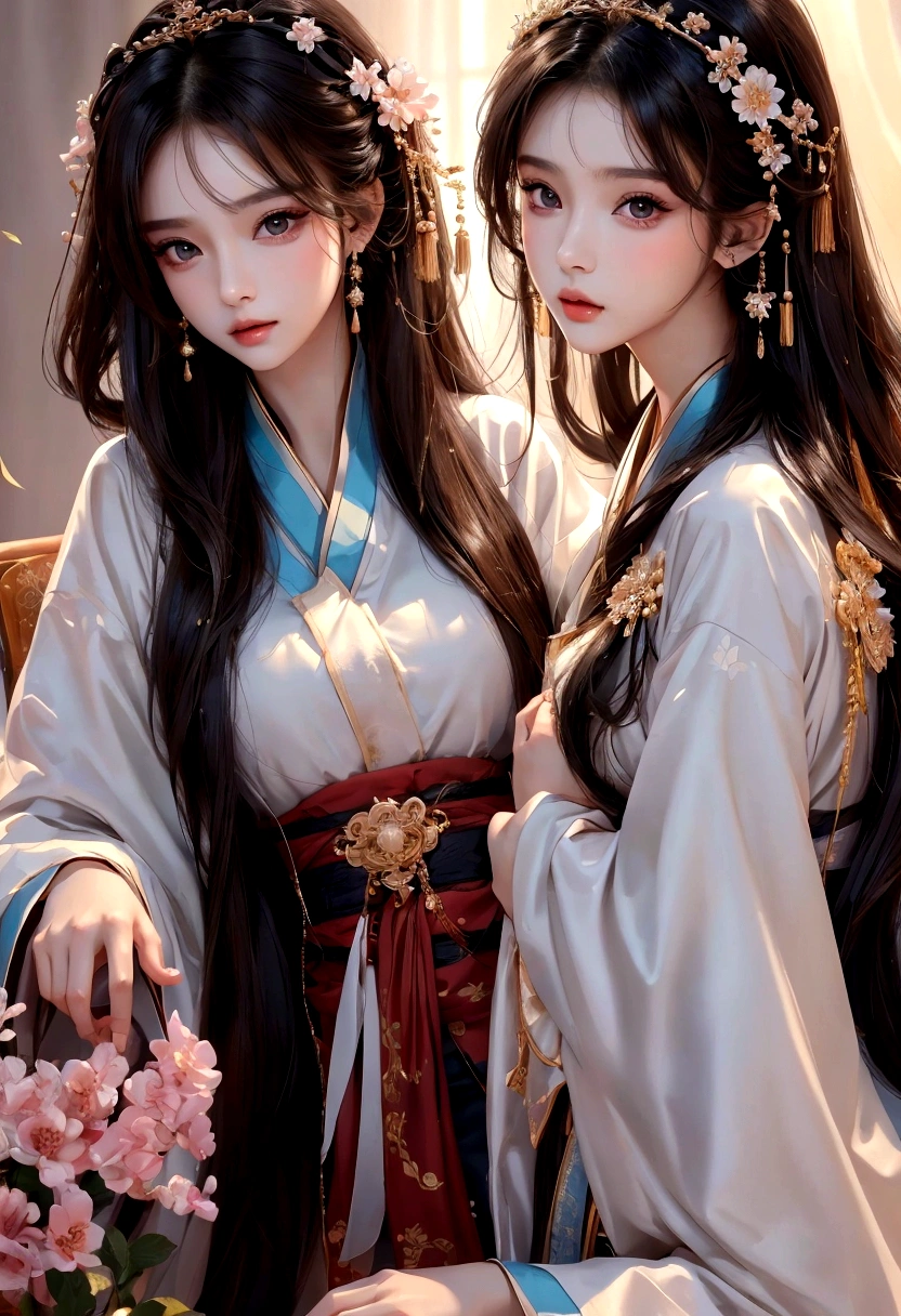 Best image quality、8K、masterpiece：1.3))、Realistic high-quality photos、Highest quality、 Beautiful face、Photos of slim models、Beautiful girl model、Young and pretty face、Beautiful model girl、A lovely and delicate face、Black Hair、Beautiful brown eyes、Young Body、Hanfu, (emphasize)、from the front、Camera gaze
