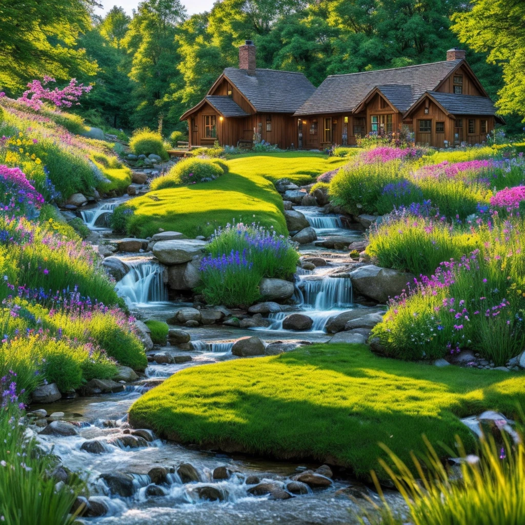 a cozy landscape, a small cottage in a meadow, rolling hills, lush green grass, wildflowers blooming, a babbling brook, a wooden bridge, sunbeams filtering through the trees, birds flying overhead, a warm and inviting atmosphere, (best quality,4k,8k,highres,masterpiece:1.2),ultra-detailed,(realistic,photorealistic,photo-realistic:1.37),landscape,natural lighting,vibrant colors,serene