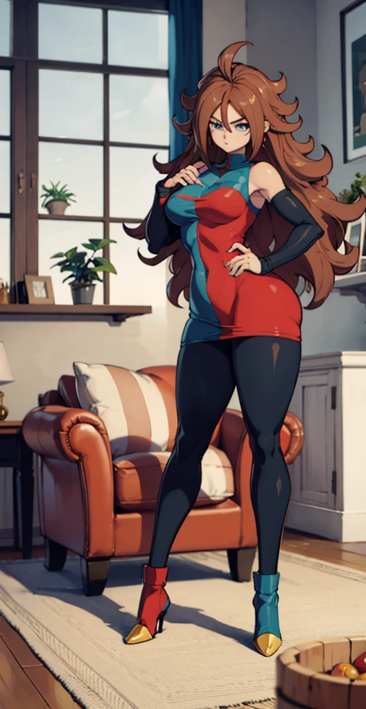 android 21, cups, pose lateral, She is sideways to the spectator, long brown hair, blue colored eyes, plaid dress, pantyhose, looking to the side, pose lateral, standing, ele está standing, serious, legs spread open, livingroom, light bulb, high qualiy, work of art, legs thick, big-ass, body healed,