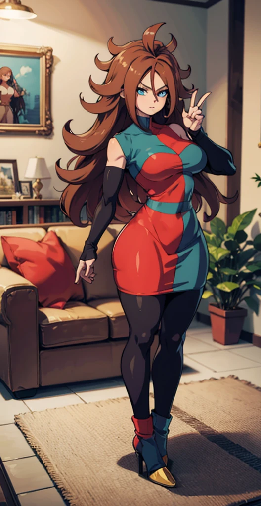 android 21, cups, pose lateral, She is sideways to the spectator, long brown hair, blue colored eyes, plaid dress, pantyhose, looking to the side, pose lateral, standing, ele está standing, serious, legs spread open, livingroom, light bulb, high qualiy, work of art, legs thick, big-ass, body healed,