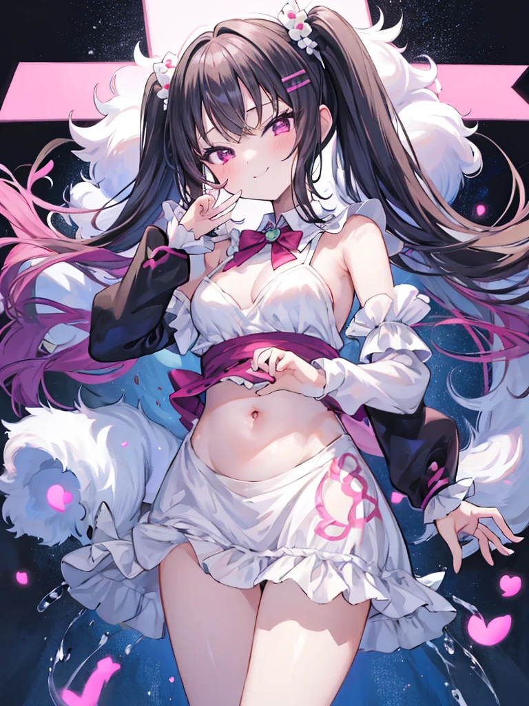 best quality, super fine, 16k, extremely detailed, delicate and dynamic, cute woman, baby face,black hair, pink eyes, A detailed eye, source_anime, high detail, hair ornament, small breasts,(straight hair), (twintail), (ong hair),smile、Young features, looking at viewer, (white background:1.3),long-sleeve,fluffy sleeves, fluffy hair、Elementary school girls, Put your hand on your face, hair clips、Black Stockings,standing, underwear,(Mixed wrestling:1.3),teenage girl、belly button、skirt、cute、beautiful illustrations, highest quality, pretty girl,beautiful girl、clear face、 half girl、pastel colour ,blonde、black hair、smile、blush、にこやかなsmile、thighs、(two girls:1.1)、perfect hands、five fingereet、(Two girls are attacking us:1.1), maid dress