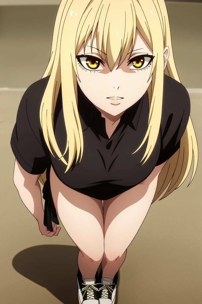 ((best quality)),((highly detailed)),masterpiece,absurdres,Stands at full height, slim body, openlegs, beautiful face,(detailed eyes, deep eyes),1girl, Guideau, blonde hair, solo, yellow eyes, long hair, black thong, t-shirt, Sneakers, Full-length, 