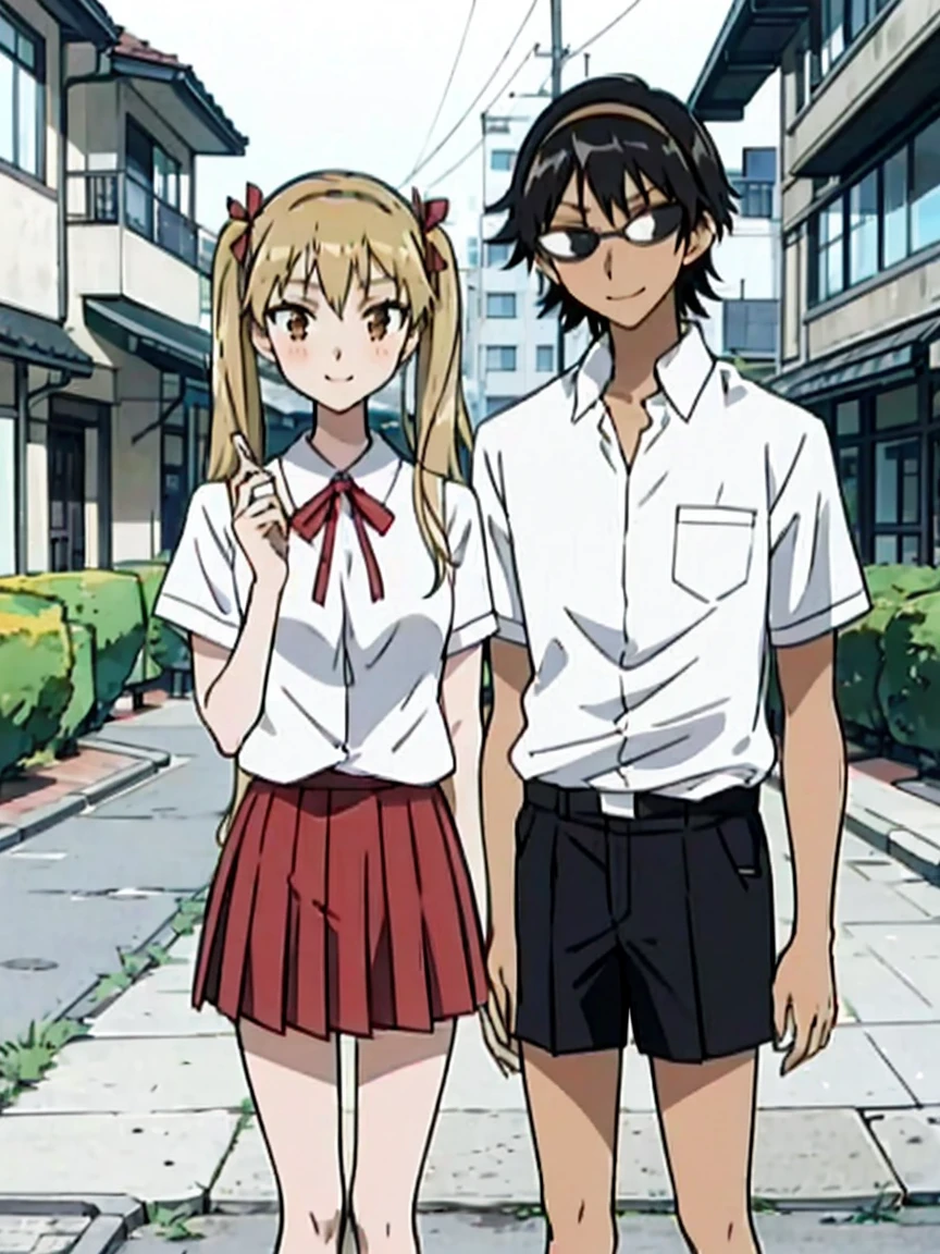 1 boy and 1 girl stand in the street,twintails,sawachika eri, brown eyes, hair ribbon,harimakenji, glasses, ,school uniform, red pleated skirt,eri,hairband, looking_at_viewer, serious, gakuran, white_shirt,smile,happy,two persons