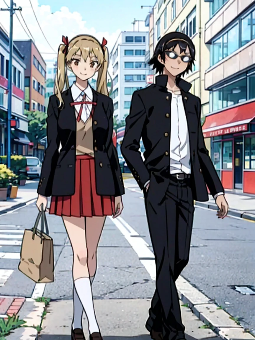 1 boy and 1 girl stand in the street,twintails,sawachika eri, brown eyes, hair ribbon,harimakenji, glasses, ,school uniform, red pleated skirt,eri,hairband, looking_at_viewer, serious, gakuran, white_shirt,smile,happy,two persons