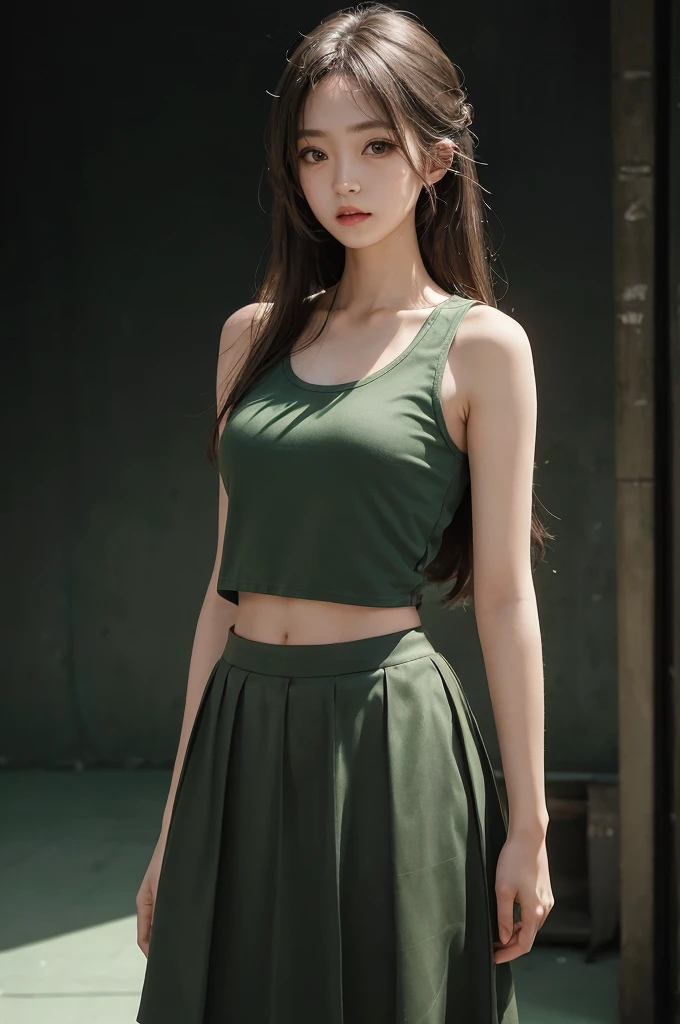 20 year old girl, green tank top, green skirt, long hair, high contrast (Natural skin texture, Hyperrealism, Soft Light, sharp), portrait, standing, kpop