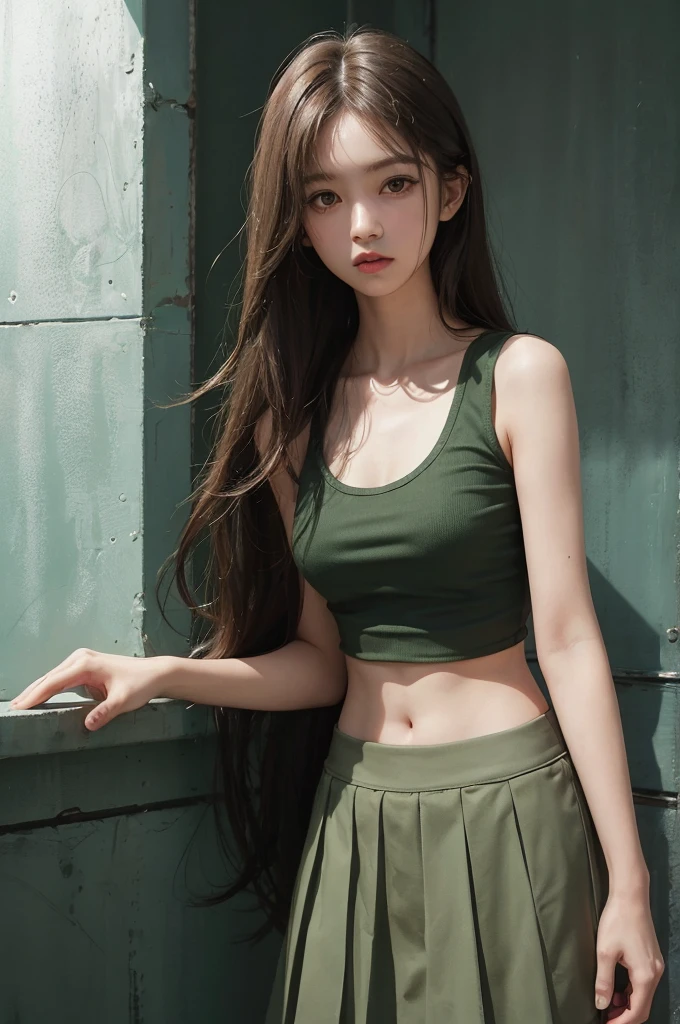20 year old girl, green tank top, green skirt, long hair, high contrast (Natural skin texture, Hyperrealism, Soft Light, sharp), portrait, standing, kpop