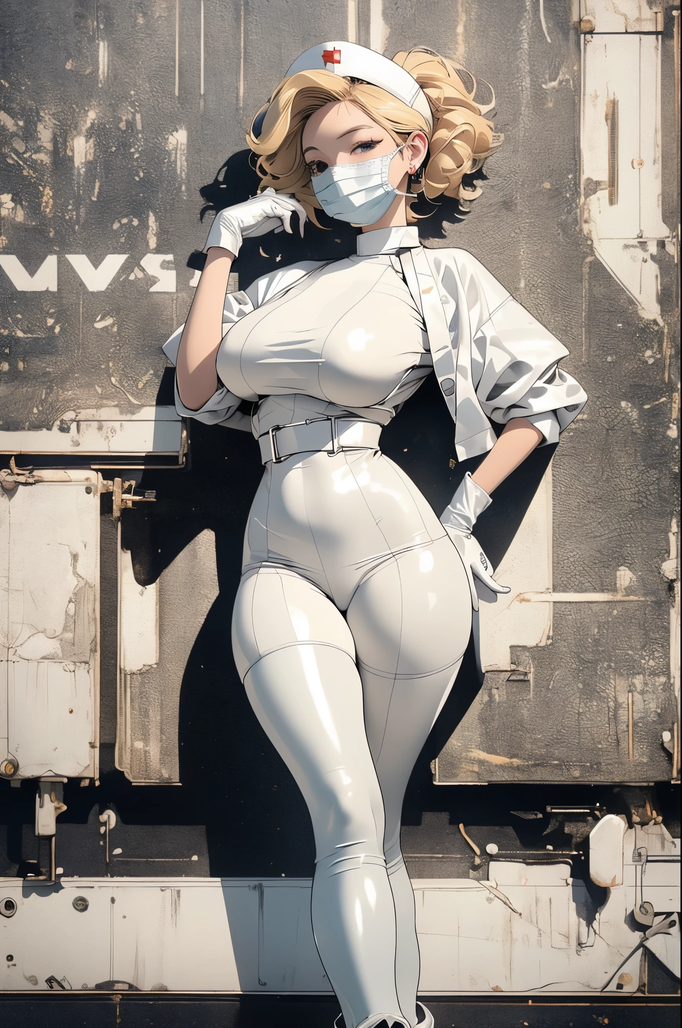 (masterpiece, Highest quality, 32K Wallpapers, Very detailed,portfolio),Blonde、Huge breasts and buttocks:1.8,Plump body:1.4、((White latex nurse uniform、Long gloves in latex、Latex boots、latex mask)),