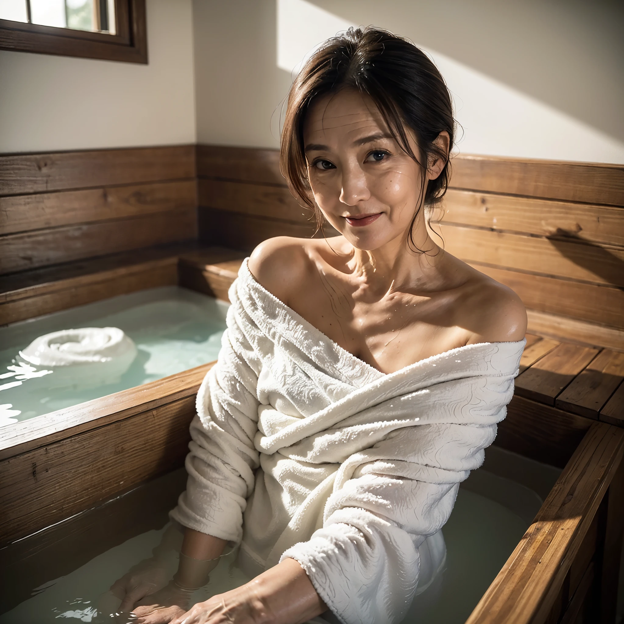 (masterpiece:1.4),(61-year-old woman:1.5),(facial wrinkles :1.2),gentle smile, (mid-length hair : 1.1), (wearing only white towel), (off-shoulder), Sturdy shoulder, soaking in a hot springs, soaking in a wooden bathtub, traditional japanese scene, detailed background, beautiful scenery, outside