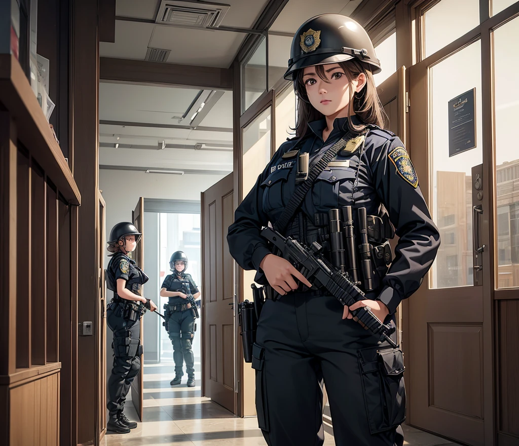 A group of female police officers in brown uniforms、Full helmet、Police pants、Various police equipment、Standing guard in the corridor、Write details、masterpiece、best quality、Highly detailed CG、8K picture quality