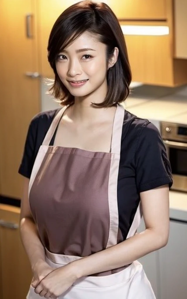 uetoaya,Highly detailed CG Unity 8k wallpaper、Highest quality、Ultra-detailed、masterpiece、Realistic、Photo realistic、Highly detailed cute girl、Age 25、blush、Lips parted、Round eyes、Naked with an apron、Looking at the audience、Semi Body Shot、kitchen、Parted bangs、Huge