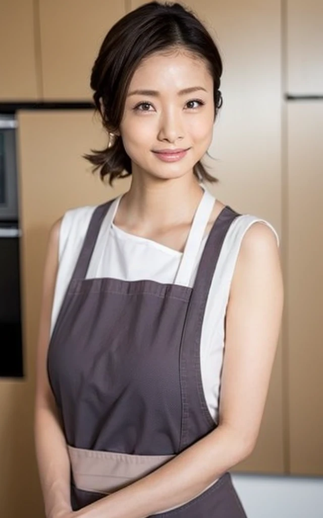 uetoaya,Highly detailed CG Unity 8k wallpaper、Highest quality、Ultra-detailed、masterpiece、Realistic、Photo realistic、Highly detailed cute girl、Age 25、blush、Lips parted、Round eyes、Naked with an apron、Looking at the audience、Semi Body Shot、kitchen、Parted bangs、Huge