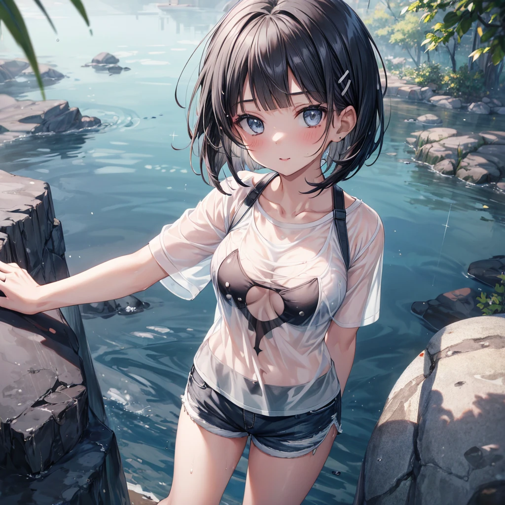 ((Highest quality)), ((masterpiece)), ((detailed)), (4K), 1girl, 独奏, black hair, bob cut, white t-shirt, micro shorts, short shorts, leaning forward, large breasts, naughty face, looking at viewer, (from above), town, rain, wet, see through