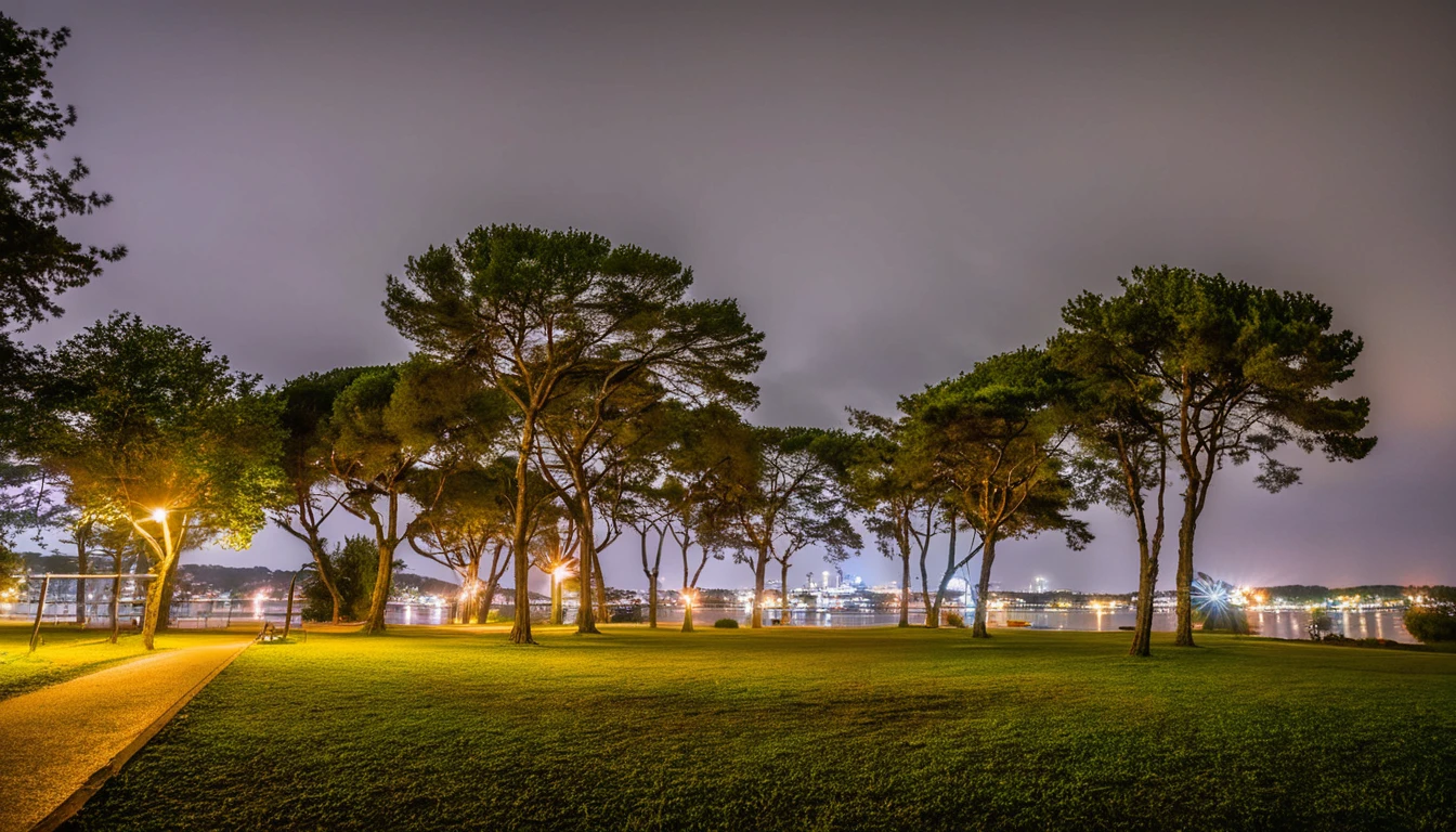 Night view of a park with several trees and lights, Distant Lightning, Moody night scene, Stormy weather at night, Nighttime foreground, ominous lighting, shot with a canon 20mm lens, Night storm, Moody night lighting, Spooky lighting, Distant storm, foreboding and Spooky lighting, 不吉なNight storm, overcast lighting