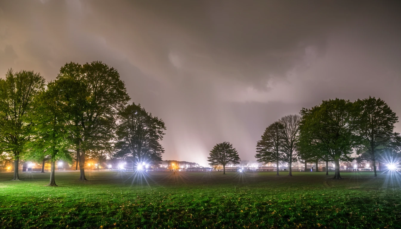 Night view of a park with several trees and lights, Distant Lightning, Moody night scene, Stormy weather at night, Nighttime foreground, ominous lighting, shot with a canon 20mm lens, Night storm, Moody night lighting, Spooky lighting, Distant storm, foreboding and Spooky lighting, 不吉なNight storm, overcast lighting