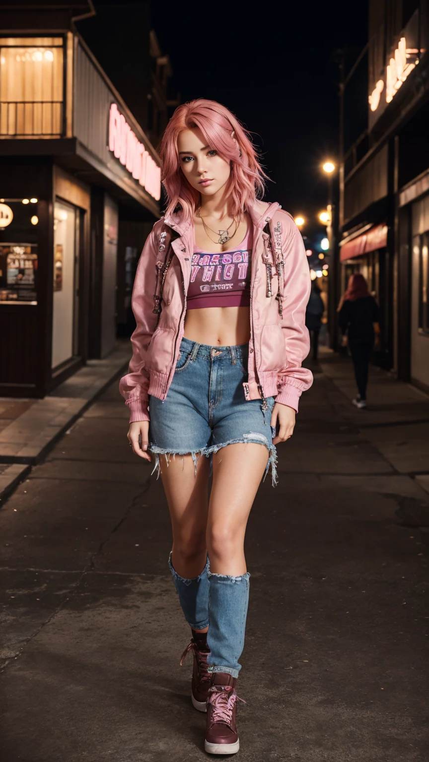 A photorealistic portrait of a 20-year-old American female with eye-catching pink hair and deep brown eyes, dressed in trendy clothing, full body shot, 8k hdr, high detailed, she possesses a sense of mystery and allure, illuminated by soft, dreamy lighting.