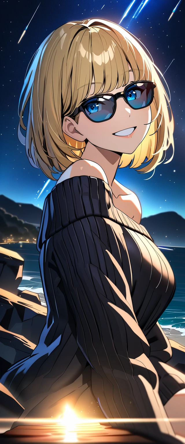 ((grin)), ((off-shoulder sweater:1.3, Quite thick shoulder straps)), ((black sweater)), ((blond hair, bob cut:1.3)), ((sunglasses, hand to sunglasses)), (((from side))), ((((upper body)))), ((Leaning to side)), (((A meteor shower dancing in the night sky, countless stars twinkling in the clear air))), ((sitting on the very high cliff)), wavy hair, inward curled hair, ((sea)), breasts, ager, (looking at viewer), oversized clothes, puffy long sleeves, collarbone, head tilt:1.3, (((blue eyes))), happy smile, (((anime style))), (best quality, 4K, 8K, highres, masterpiece:1.2, ultra-detailed, ultra-detailed eyes, HDR, uhd, studio lighting, ultra-fine painting, sharp focus, physically-based rendering, extreme detail description, professional, vivid colors, bokeh)