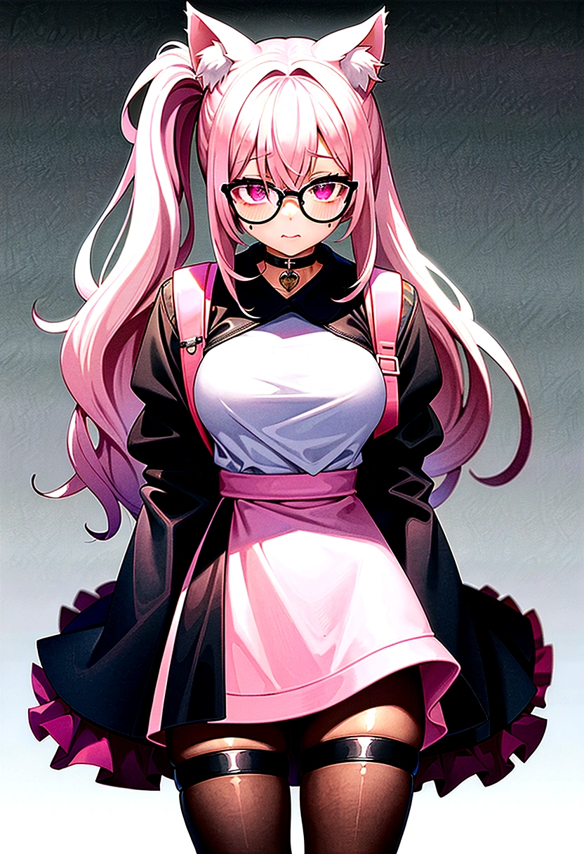 I have white pink hair, cat ears, a bun, my face is super blushing, black glasses, pink heart eyes, a big pink sweatshirt, a black skirt, black stockings, white shoes, a cat&#39;s tail, a girl. very shy that she is glued to a wall with her butt