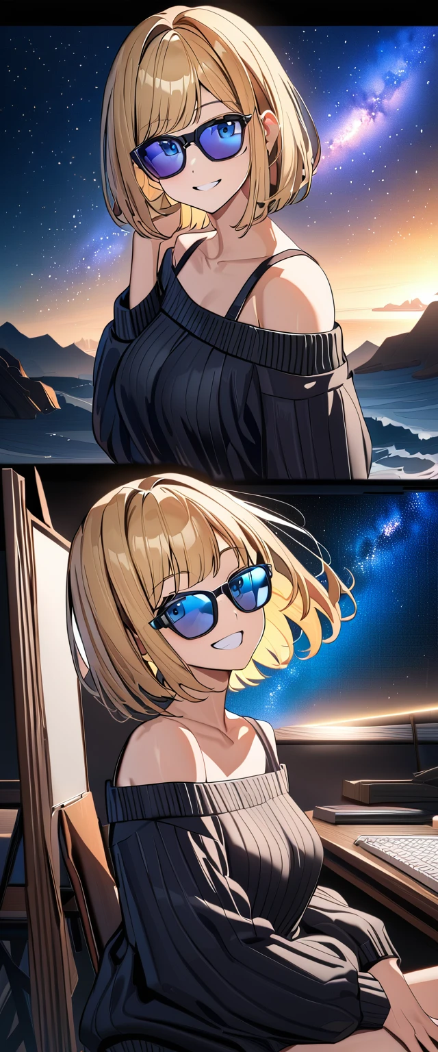 ((grin)), ((off-shoulder sweater:1.3, Quite thick shoulder straps)), ((black sweater)), ((sunglasses, hand to sunglasses)), (((from side))), ((((cowboy shot)))), ((Leaning to side)), (((a beautiful starry sky, the Milky Way shining beautifully in the night))), ((sitting on the very high cliff)), wavy hair, inward curled hair, ((sea)), ((blond hair, bob cut:1.3)), breasts, teenager, (looking at viewer), oversized clothes, puffy long sleeves, collarbone, head tilt:1.3, (((blue eyes))), happy smile, (((anime style))), (best quality, 4K, 8K, highres, masterpiece:1.2, ultra-detailed, ultra-detailed eyes, HDR, uhd, studio lighting, ultra-fine painting, sharp focus, physically-based rendering, extreme detail description, professional, vivid colors, bokeh)
