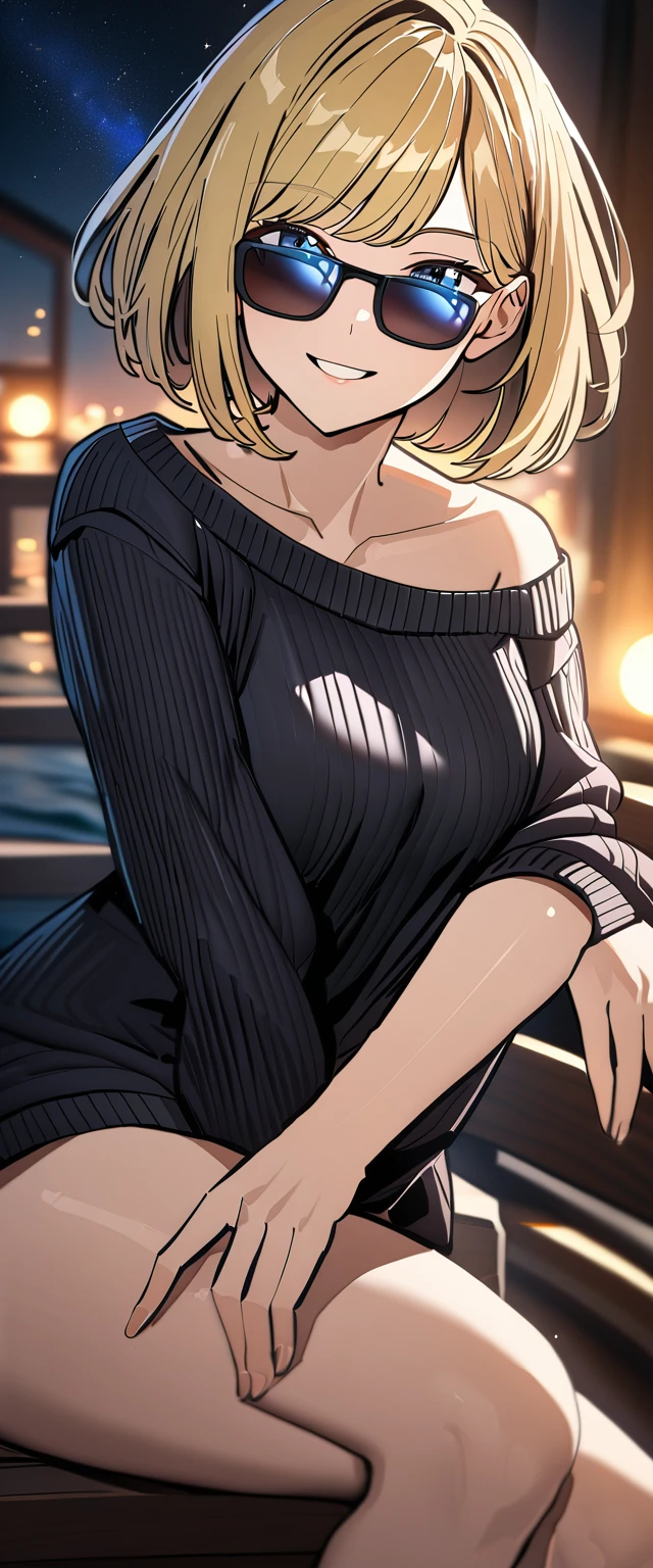 ((grin)), ((off-shoulder sweater:1.3, Quite thick shoulder straps)), ((black sweater)), ((sunglasses, hand to sunglasses)), (((from side))), ((((cowboy shot)))), ((Leaning to side)), (((a beautiful starry sky, the Milky Way shining beautifully in the night))), ((sitting on the very high cliff)), wavy hair, inward curled hair, ((sea)), ((blond hair, bob cut:1.3)), breasts, ager, (looking at viewer), oversized clothes, puffy long sleeves, collarbone, head tilt:1.3, (((blue eyes))), happy smile, (((anime style))), (best quality, 4K, 8K, highres, masterpiece:1.2, ultra-detailed, ultra-detailed eyes, HDR, uhd, studio lighting, ultra-fine painting, sharp focus, physically-based rendering, extreme detail description, professional, vivid colors, bokeh)