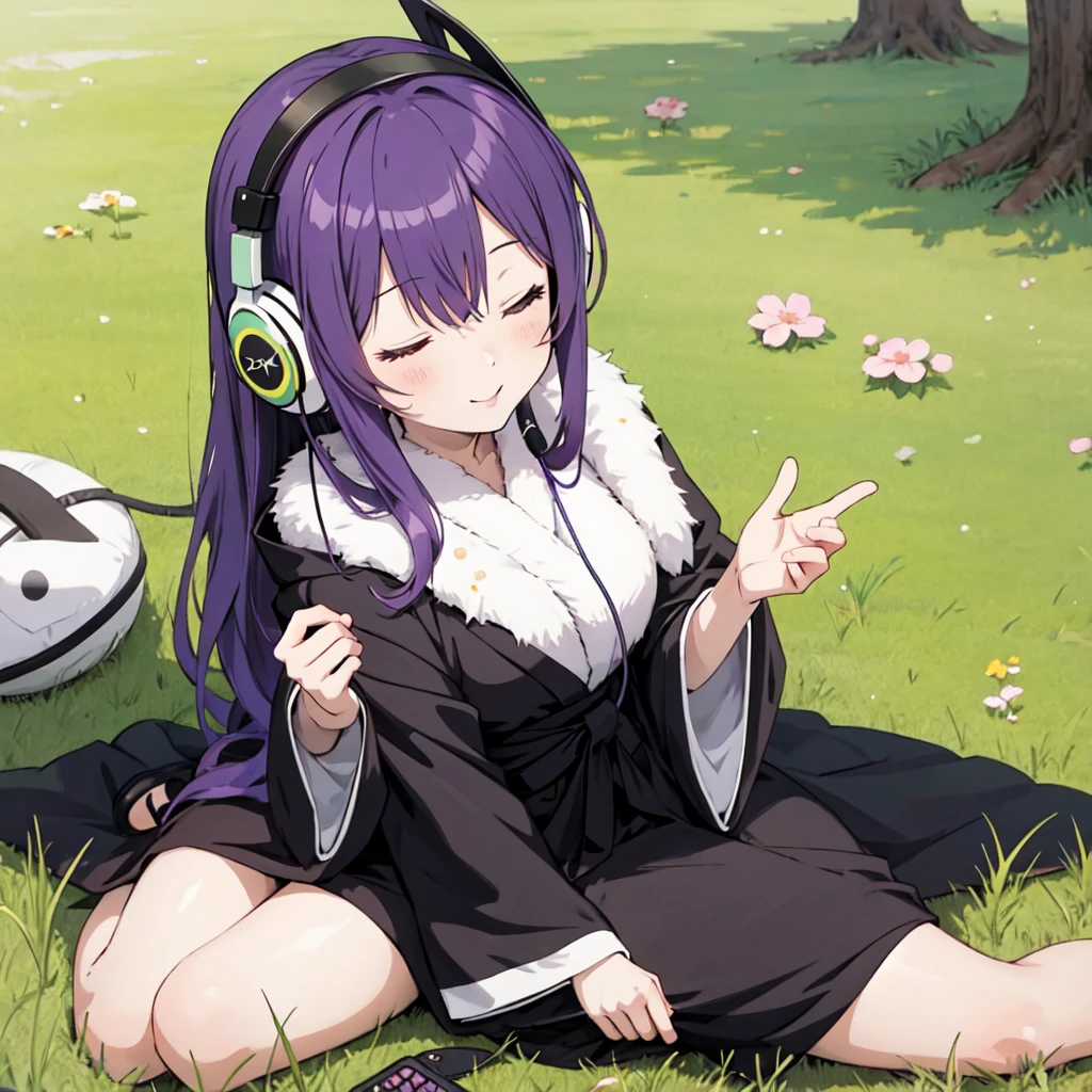 1 person. Anime girl with long purple hair and black robe. Pointy ears. Cute as in manga. Sitting on grass with eyes closed. Headphones.