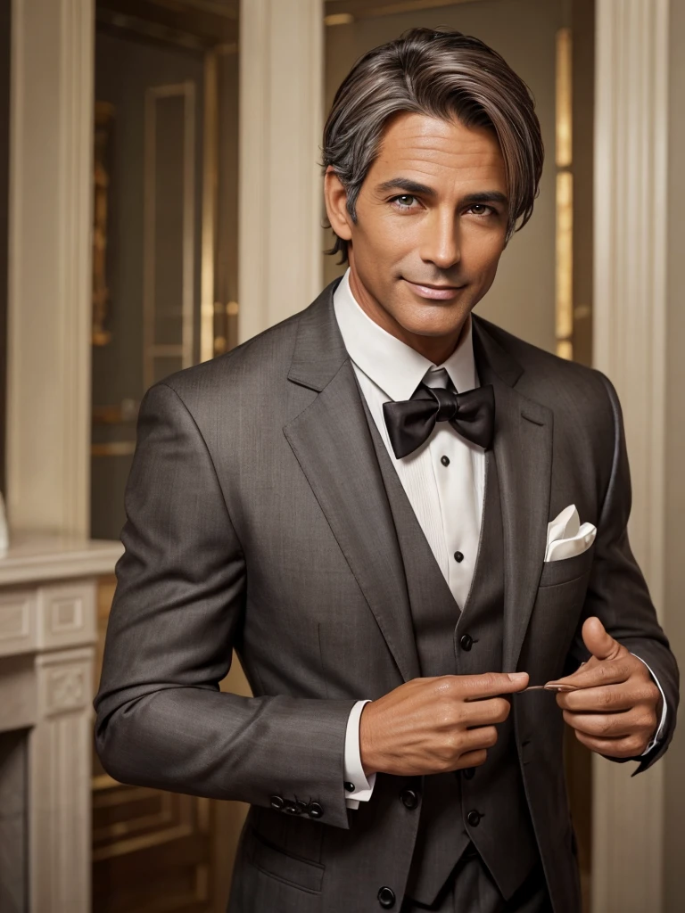(best quality), 1boy, Male, mature male, 45 years old, tanned skin, brown hair, grey streaks, short hair, brown eyes, perfect eyes, polite smile, handsome, butler, strong jawline, suit, white gloves, masterpiece, anatomically correct, highres