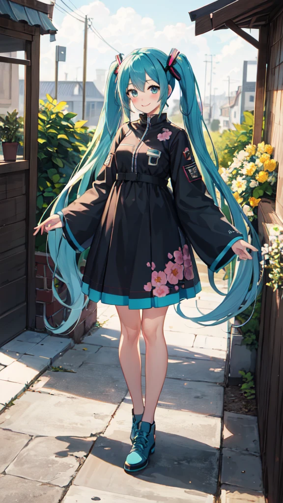 best quality, masterpiece, high resolution, solitary, (Hatsune_future_Blue File:1.10), 1 girl, Wide sleeves, Long sleeve, Looking at the audience, Heart, blush, flowering, Smile, outdoor, Residence, Print 14 ，full-body shot