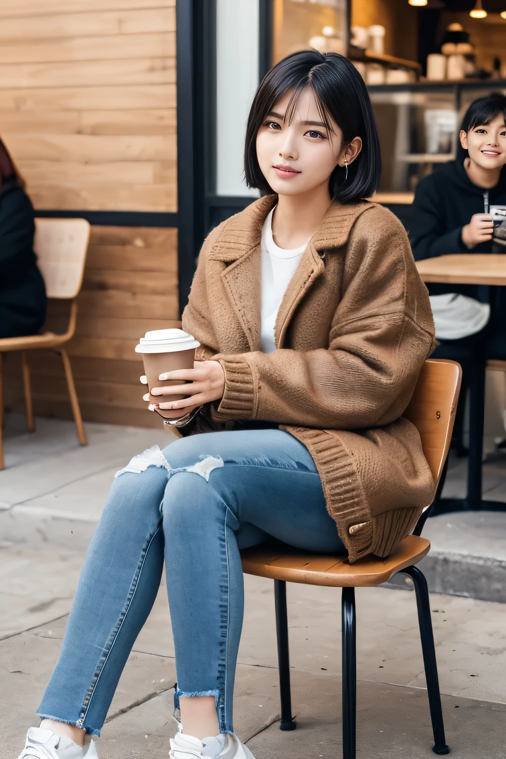 high quality,16K:1.1),(, women sitting on chairs in a coffee shop)(Full Body Shot:1.2),Black Hair、Short Haircut、ear piercing、smile、Beautiful teeth alignment、((coat、sweater、Skinny jeans、スニーカー)), ,(View your audience:1.3),Coffee shop in the background