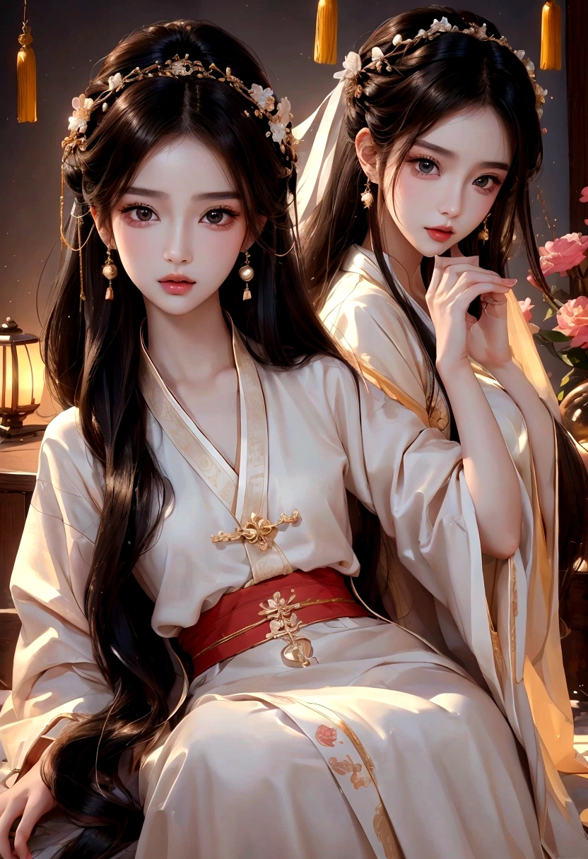 Best image quality、8K、masterpiece：1.3))、Realistic high-quality photos、Highest quality、 Beautiful face、Photos of slim models、Beautiful girl model、Young and pretty face、Beautiful model girl、A lovely and delicate face、Black Hair、Beautiful brown eyes、Young Body、Hanfu, (emphasize)、from the front、Camera gaze