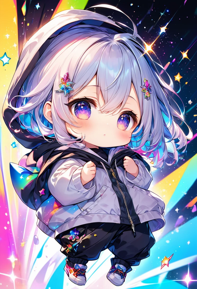 best quality, incredibly absurdres, extremely detailed, 2.5D, delicate and dynamic, chibi, cute girl, wearing baggy clothes, baggy pants, sparkly and vivid color effects, background another dimension