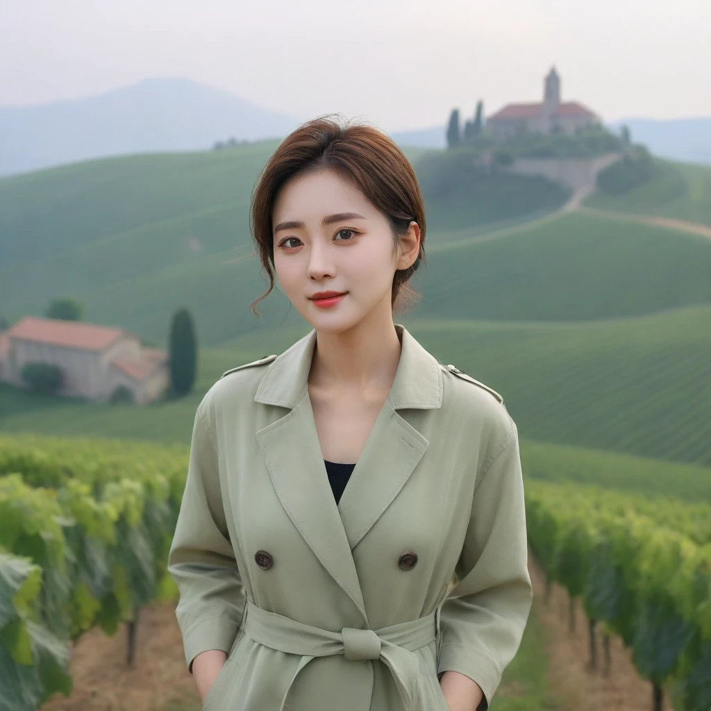 8k best picture quality, Beautiful 36-year-old Korean woman, You have good skin and big and pretty eyes... clear and nice weather. Chest size 34 inches, italian countryside, past the vineyard, The cathedral can be seen in the distance in thick fog.., The back background is realistic and vivid quality., Short and medium hair blowing in the wind, He wore a light green casual light trench coat over a black t-shirt that went up to his neck.. beige casual pants, I'm smiling. Standing on a hill overlooking vineyards. the background is clear, Short and slim Korean woman, stand far away, Photo taken with a wide-angle lens, One woman with big and pretty eyes, eyes are round and big