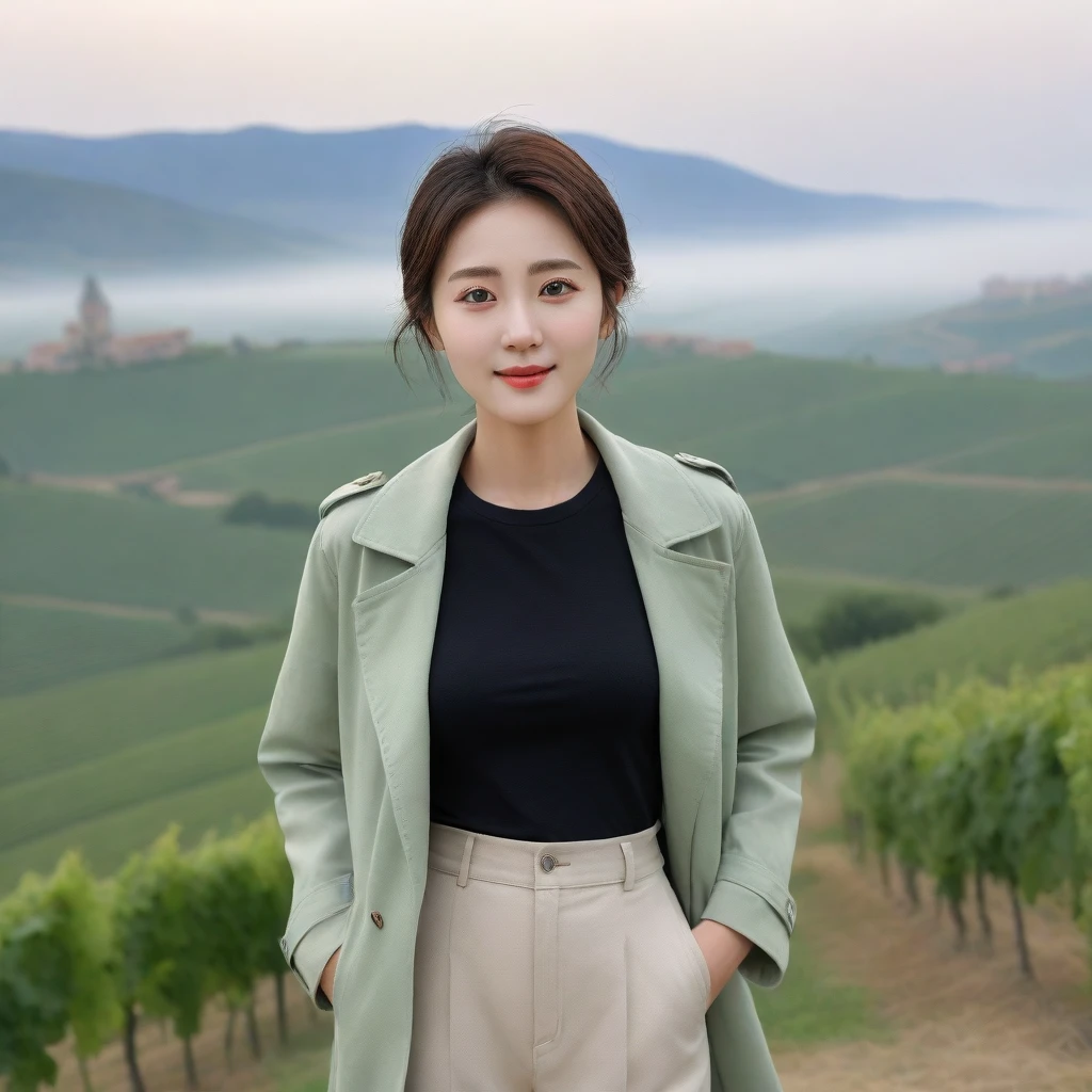 8k best picture quality, Beautiful 36-year-old Korean woman, You have good skin and big and pretty eyes... clear and nice weather. Chest size 34 inches, italian countryside, past the vineyard, The cathedral can be seen in the distance in thick fog.., The back background is realistic and vivid quality., Short and medium hair blowing in the wind, He wore a light green casual light trench coat over a black t-shirt that went up to his neck.. beige casual pants, I'm smiling. Standing on a hill overlooking vineyards. the background is clear, Short and slim Korean woman, stand far away, Photo taken with a wide-angle lens, One woman with big and pretty eyes, eyes are round and big