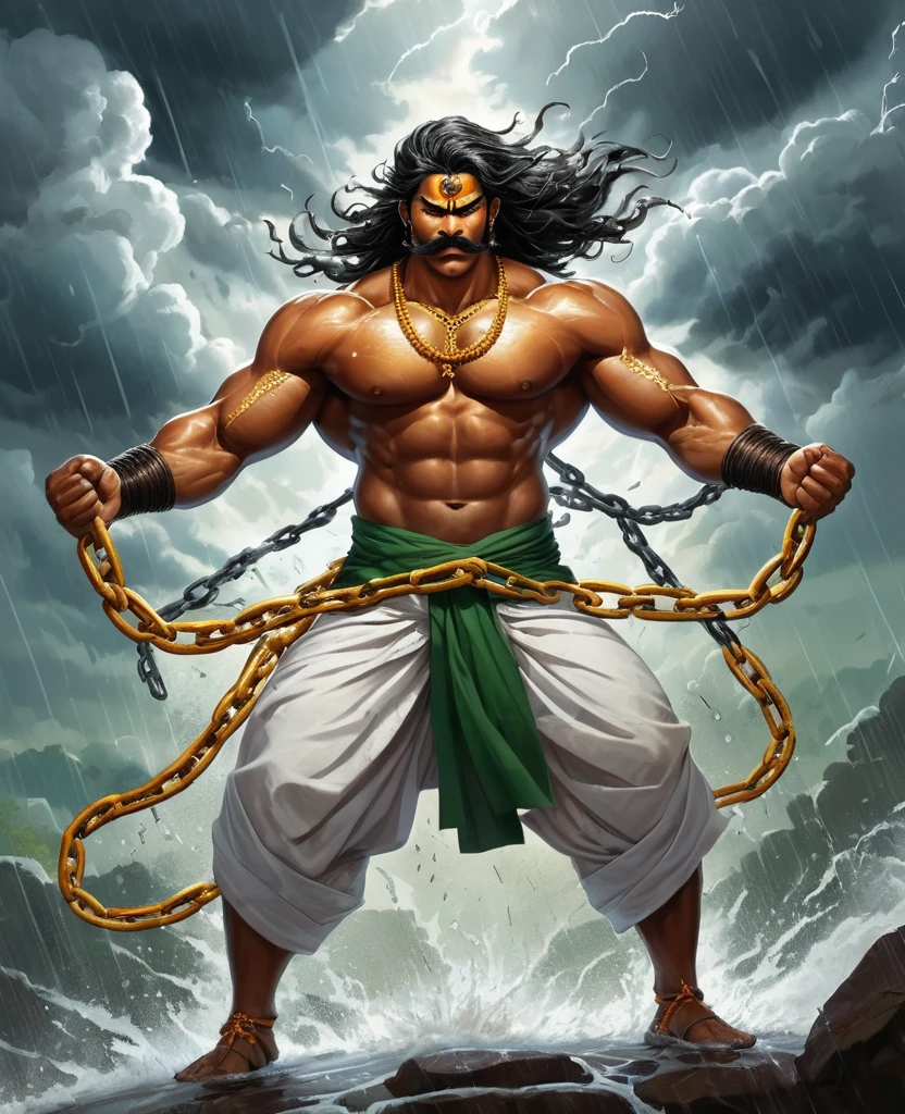 A striking, visually captivating illustration of a powerful Maratha (shouting:1.5) power up pose, power stance, is prisionner warrior standing tall amidst dark clouds and heavy rain. His muscular, drenched body is adorned with massive long continuous shakles and black chains at his arms, hips, and legs, while his glowing yellow eyes and fierce determination exude strength. With perfect facial features, a long handlebar mustache, and flowing drenched hair, he shouts in anger as he pulls the chains with immense strength. The golden hour's light illuminates him from behind, casting a dramatic rim light on his bulky frame, and the stormy atmosphere intensifies the dark fantasy scene. Clad in a white traditional dhoti-like pants and a torn white robe, the warrior's immense size and the gathering clouds create a mesmerizing visual experience that is both vibrant and cinematic, blending elements of painting, poster, and fashion into a concept, vibrant, poster, fashion, illustration, cinematic, painting, dark fantasy art by greg rutkowski