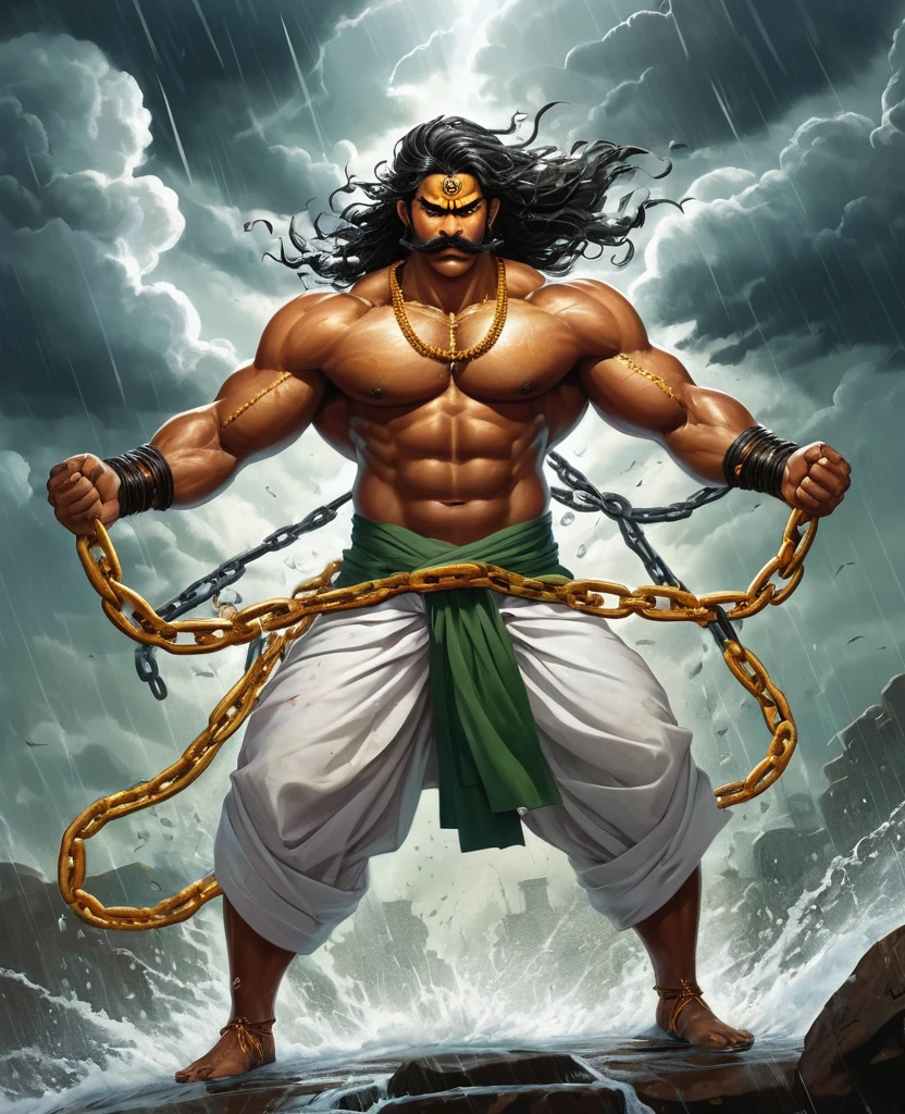 A striking, visually captivating illustration of a powerful Maratha (shouting:1.5) power up pose, power stance, is prisionner warrior standing tall amidst dark clouds and heavy rain. His muscular, drenched body is adorned with massive long continuous shakles and black chains at his arms, hips, and legs, while his glowing yellow eyes and fierce determination exude strength. With perfect facial features, a long handlebar mustache, and flowing drenched hair, he shouts in anger as he pulls the chains with immense strength. The golden hour's light illuminates him from behind, casting a dramatic rim light on his bulky frame, and the stormy atmosphere intensifies the dark fantasy scene. Clad in a white traditional dhoti-like pants and a torn white robe, the warrior's immense size and the gathering clouds create a mesmerizing visual experience that is both vibrant and cinematic, blending elements of painting, poster, and fashion into a concept, vibrant, poster, fashion, illustration, cinematic, painting, dark fantasy art by greg rutkowski