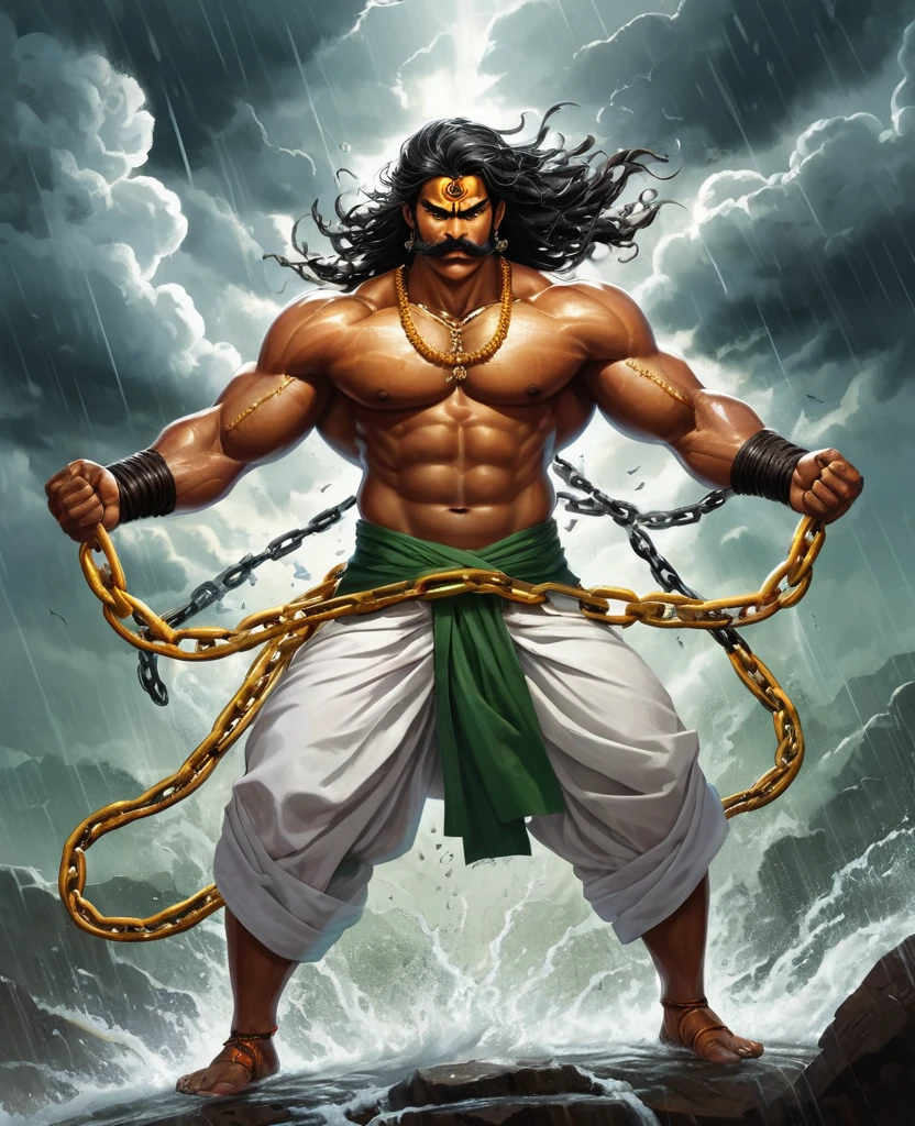 A striking, visually captivating illustration of a powerful Maratha (shouting:1.5) power up pose, power stance, is prisionner warrior standing tall amidst dark clouds and heavy rain. His muscular, drenched body is adorned with massive long continuous shakles and black chains at his arms, hips, and legs, while his glowing yellow eyes and fierce determination exude strength. With perfect facial features, a long handlebar mustache, and flowing drenched hair, he shouts in anger as he pulls the chains with immense strength. The golden hour's light illuminates him from behind, casting a dramatic rim light on his bulky frame, and the stormy atmosphere intensifies the dark fantasy scene. Clad in a white traditional dhoti-like pants and a torn white robe, the warrior's immense size and the gathering clouds create a mesmerizing visual experience that is both vibrant and cinematic, blending elements of painting, poster, and fashion into a concept, vibrant, poster, fashion, illustration, cinematic, painting, dark fantasy art by greg rutkowski