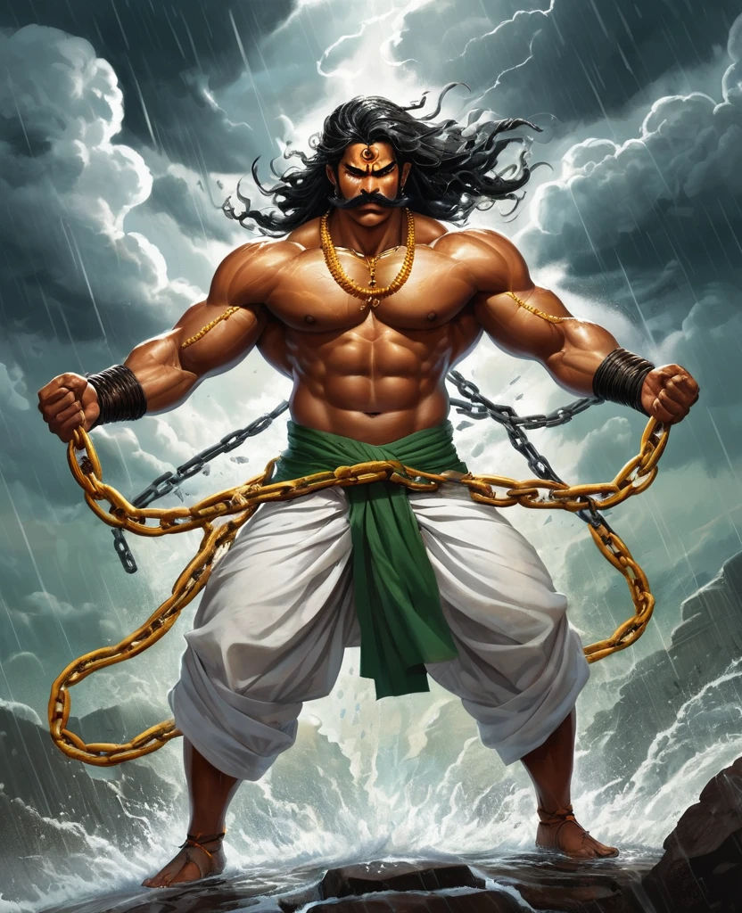 A striking, visually captivating illustration of a powerful Maratha (shouting:1.5) power up pose, power stance, is prisionner warrior standing tall amidst dark clouds and heavy rain. His muscular, drenched body is adorned with massive long continuous shakles and black chains at his arms, hips, and legs, while his glowing yellow eyes and fierce determination exude strength. With perfect facial features, a long handlebar mustache, and flowing drenched hair, he shouts in anger as he pulls the chains with immense strength. The golden hour's light illuminates him from behind, casting a dramatic rim light on his bulky frame, and the stormy atmosphere intensifies the dark fantasy scene. Clad in a white traditional dhoti-like pants and a torn white robe, the warrior's immense size and the gathering clouds create a mesmerizing visual experience that is both vibrant and cinematic, blending elements of painting, poster, and fashion into a concept, vibrant, poster, fashion, illustration, cinematic, painting, dark fantasy art by greg rutkowski 