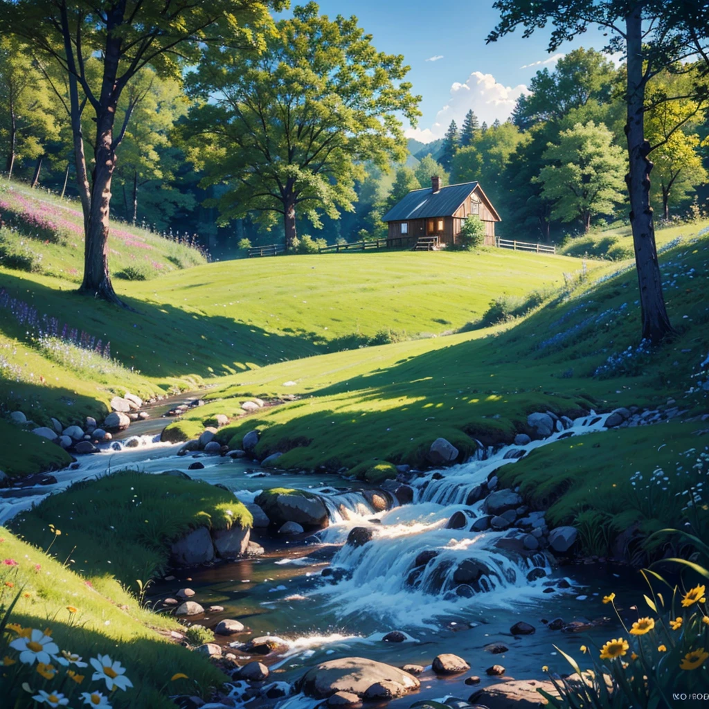 a cozy landscape, a small cottage in a meadow, rolling hills, lush green grass, wildflowers blooming, a babbling brook, a wooden bridge, sunbeams filtering through the trees, birds flying overhead, a warm and inviting atmosphere, (best quality,4k,8k,highres,masterpiece:1.2),ultra-detailed,(realistic,photorealistic,photo-realistic:1.37),landscape,natural lighting,vibrant colors,serene