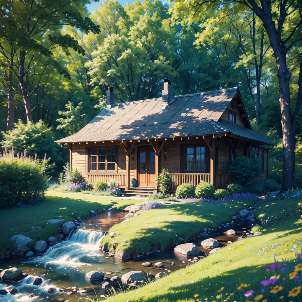 a cozy landscape, a small cottage in a meadow, rolling hills, lush green grass, wildflowers blooming, a babbling brook, a wooden bridge, sunbeams filtering through the trees, birds flying overhead, a warm and inviting atmosphere, (best quality,4k,8k,highres,masterpiece:1.2),ultra-detailed,(realistic,photorealistic,photo-realistic:1.37),landscape,natural lighting,vibrant colors,serene