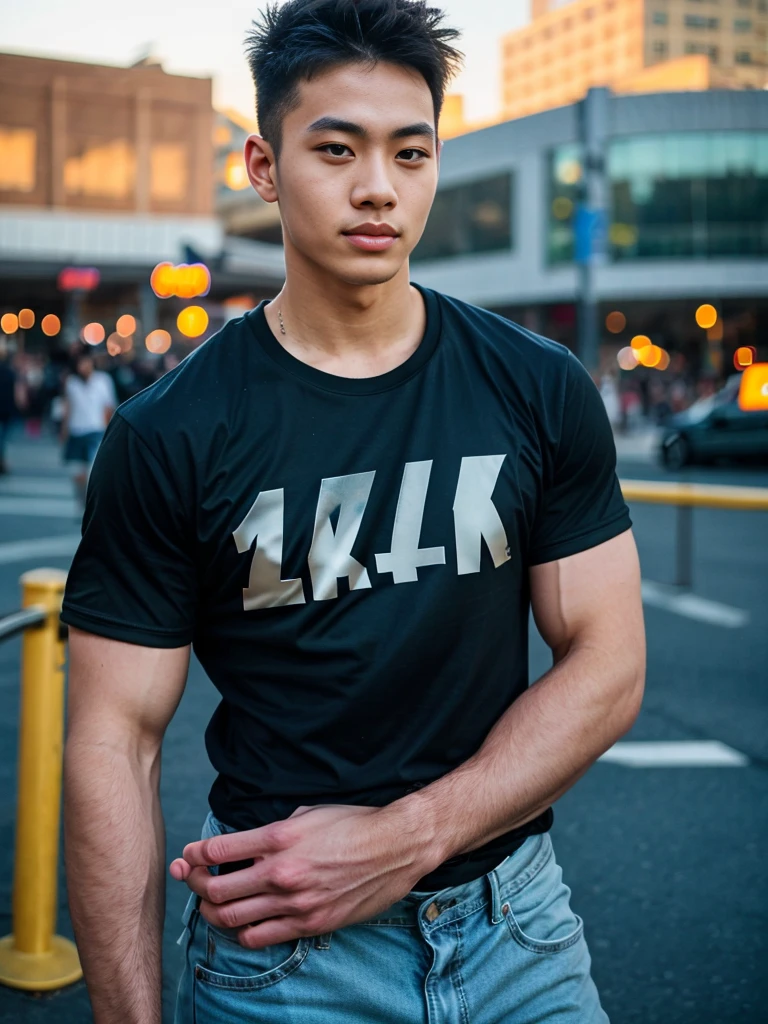 (best quality, 4K, 8K, high resolution, Masterpiece: 1.2), Special details, (realistically, As realistic as a photo, photo realistic: 1.37), Edge lighting, Extra detailed coloring, sharp focus, Physical rendering ,Extremely detailed description,professional,light color,Bokeh,Portrait,look at the viewer,
Young Asian man, 20 years old ,(Wear a black T-shirt.)