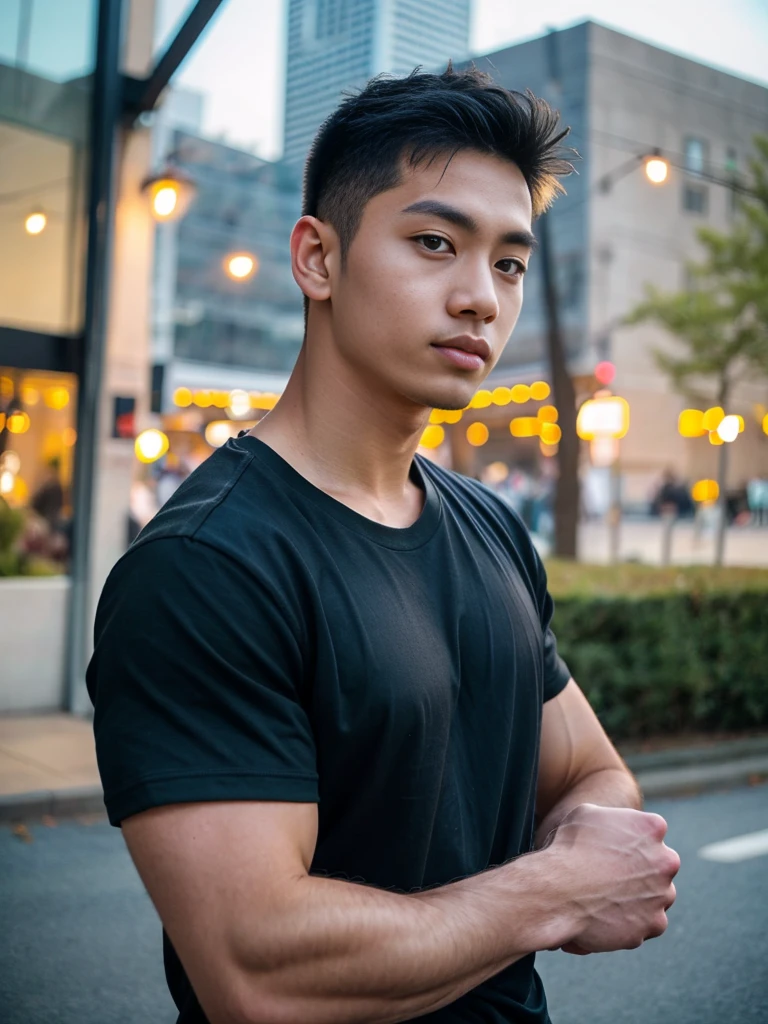 (best quality, 4K, 8K, high resolution, Masterpiece: 1.2), Special details, (realistically, As realistic as a photo, photo realistic: 1.37), Edge lighting, Extra detailed coloring, sharp focus, Physical rendering ,Extremely detailed description,professional,light color,Bokeh,Portrait,look at the viewer,
Young Asian man, 20 years old ,(Wear a black T-shirt.)