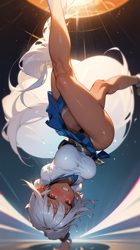 girl, masterpiece, Highest quality, ultra detailed, CG unity 8k, Cinema Lighting, Lens flare, ultra detailed eyes, sexy, big breast, young adult, dark skin, finely red eyes, wild long hair, silver hair color, , short sleeve suit ,white shirts, , sailor suit, mini skirt, (dark blue skirt:1.2), straight skirt, Doing backflips in the air, dancing, scars, blushing, ( evil smile;1.3), evil grin, (sharp eye:1.2),(scowl:1.1), (stare at viewer:1.5), from direct below, tall stature, glamor, (embarrassed,blush:1.3), nsfw,(ecstasy:1.3) ,(slut:1.2),(vulgarity:1.3),(fucked silly:1.1),(wet:0.8),(drooling:0.6),(sweat:0.8), glistening skin, abs, (tanned skin:1.5), smug face, Frolicking,full body , straight hair, Basketball court, (fisheye:1.2), shadow, (illusion effect;1.2), (powder light:1.2), rabit ears, muscle