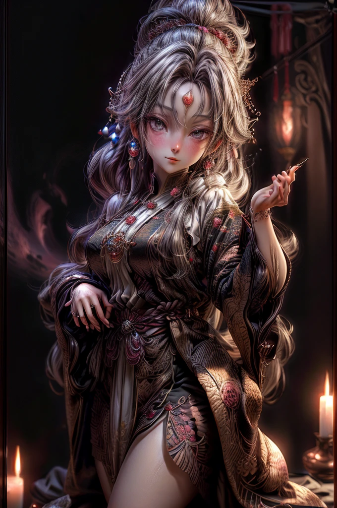 masterpiece, best quality, extremely detailed CG unity 8k wallpaper, A precise, high-definition anime illustration of an astrologer telling fortunes in the background of a photorealistic department store. A fusion of 3D photography and 2D animation, creating a nostalgic atmosphere. Dark room, crystal ball used for fortune telling