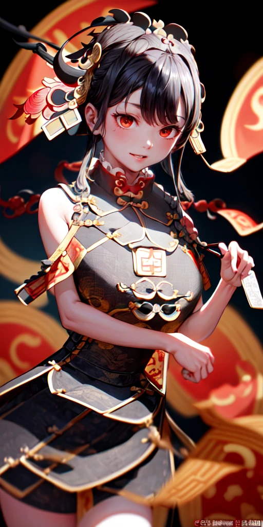 cinematic photo ((masterpiece)),((best quality)),8k,high detailed,ultra-detailed,intricate detail,full body, photography,((huangfu:2),huangfu paper,1girl, A cute girl in black nvjiang costume with huangfu paper in head,(blood-red eyes)),surrounded by swirling leaves and spectral mist,(foggy),. 35mm photograph, film, bokeh, professional, 4k, highly detailed, upper body