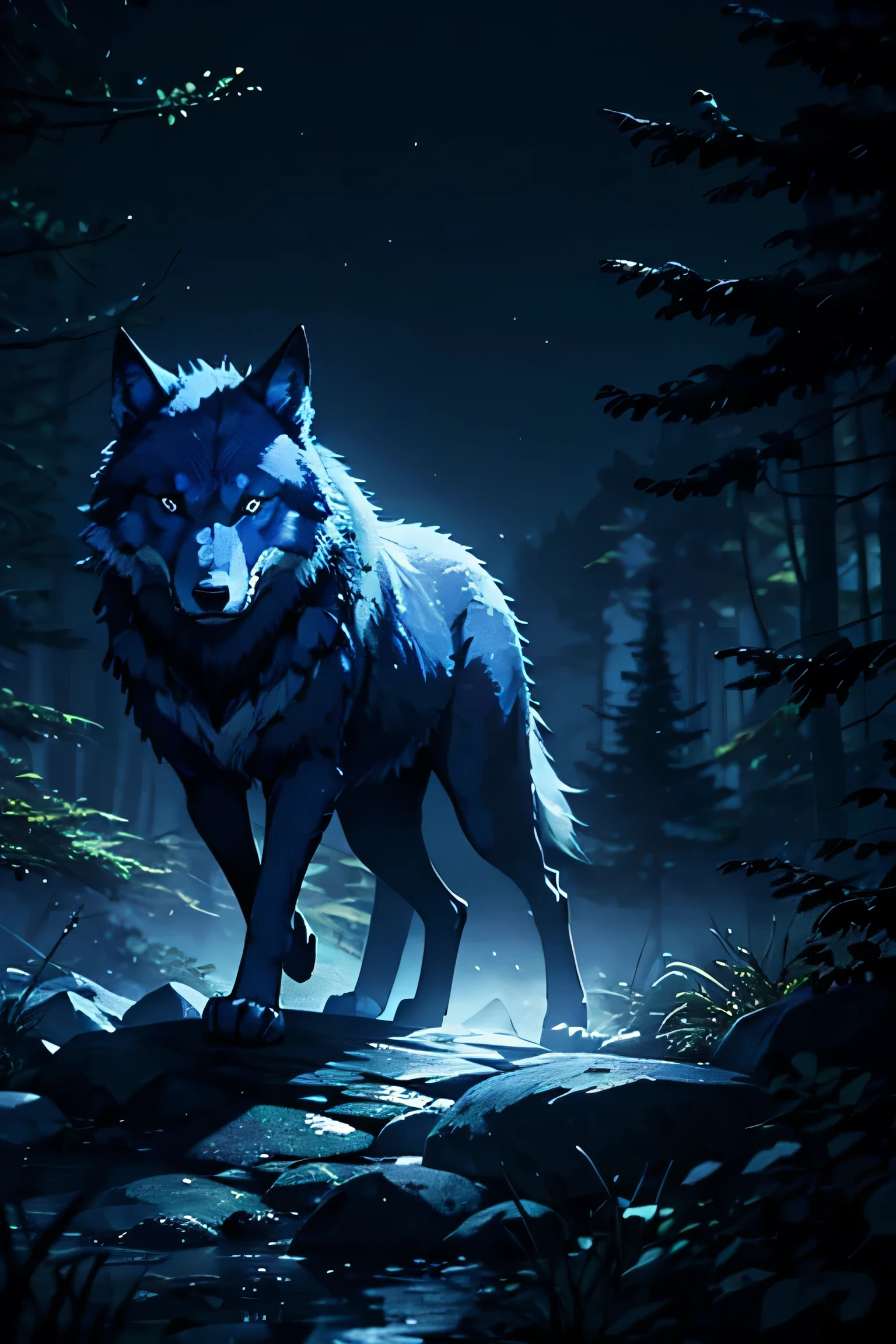 A blue wolf walking, on a rock, in the forest, night