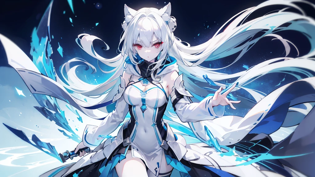 Pale skin, White hair, Blue hoodie, Tails, Solo,{{Best quality}}, {{Masterpiece}}, {{Ultra-detailed}}, {illustration}, {Detailed light}, Red eyes,Long hair，A revealing, thin dress.