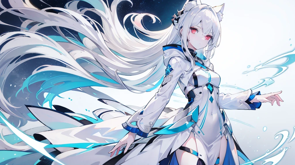 Pale skin, White hair, Blue hoodie, Tails, Solo,{{Best quality}}, {{Masterpiece}}, {{Ultra-detailed}}, {illustration}, {Detailed light}, Red eyes,Long hair，A revealing, thin dress.