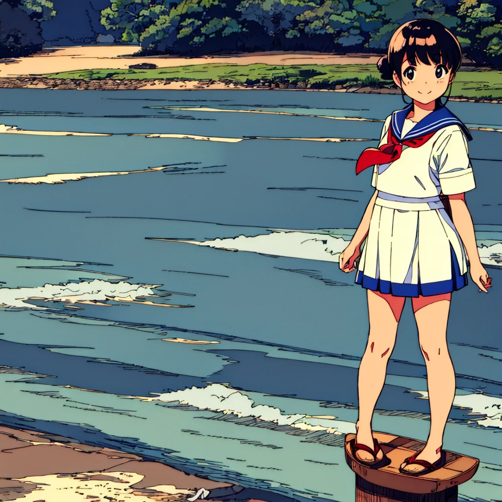 Japanese landscape, summer, nostalgic, handwritten style, sailor suit girl smiling