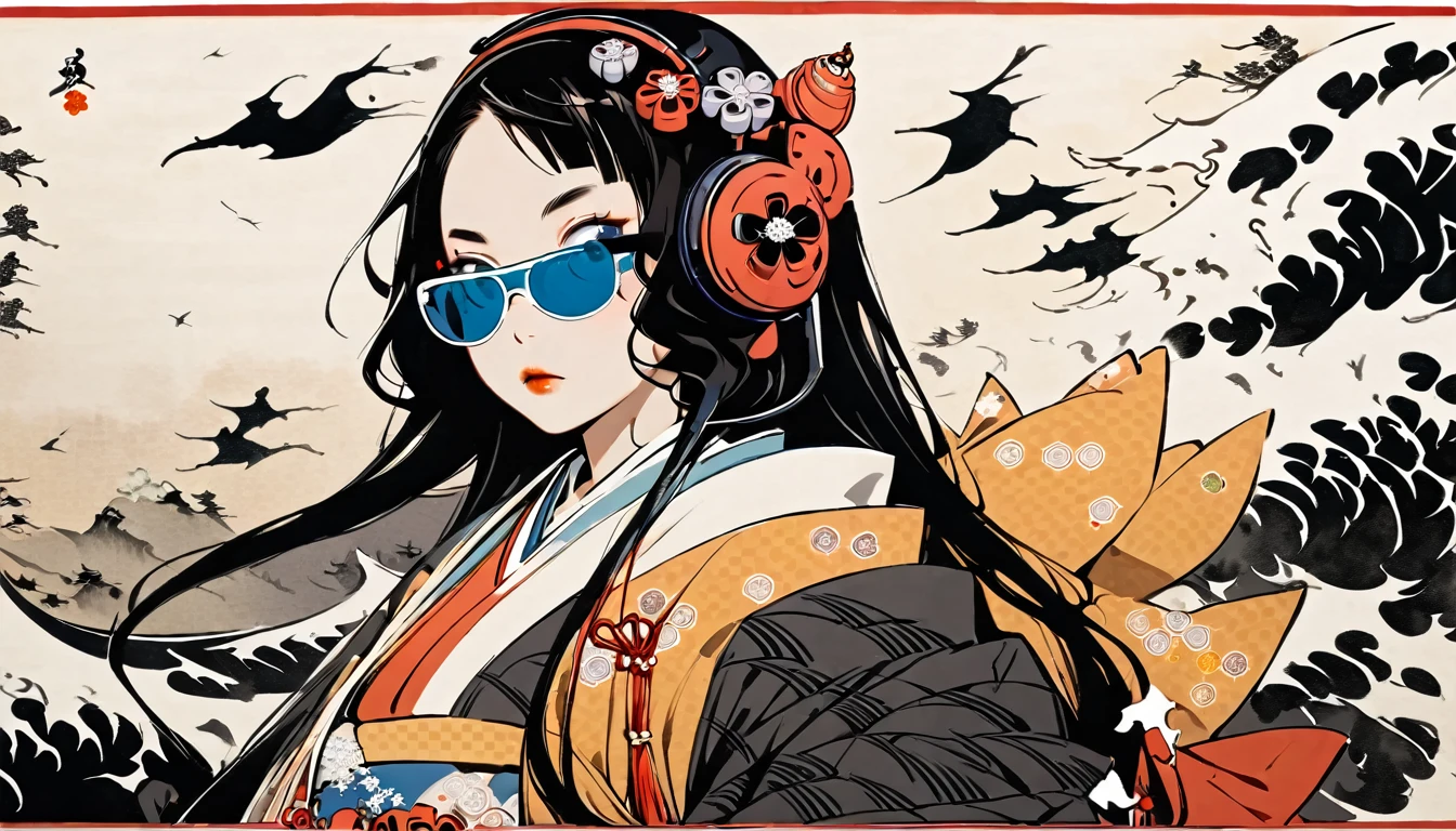(((Highest quality))), (((Katsushika Hokusai))), (((Ink Painting))), ((very straight longhair)), ((1 girl)), ((Japanese style headphones)), ((Beautiful girl wearing light-colored sunglasses)), Black Hair, Delicate and precise, Modern ukiyo-e style