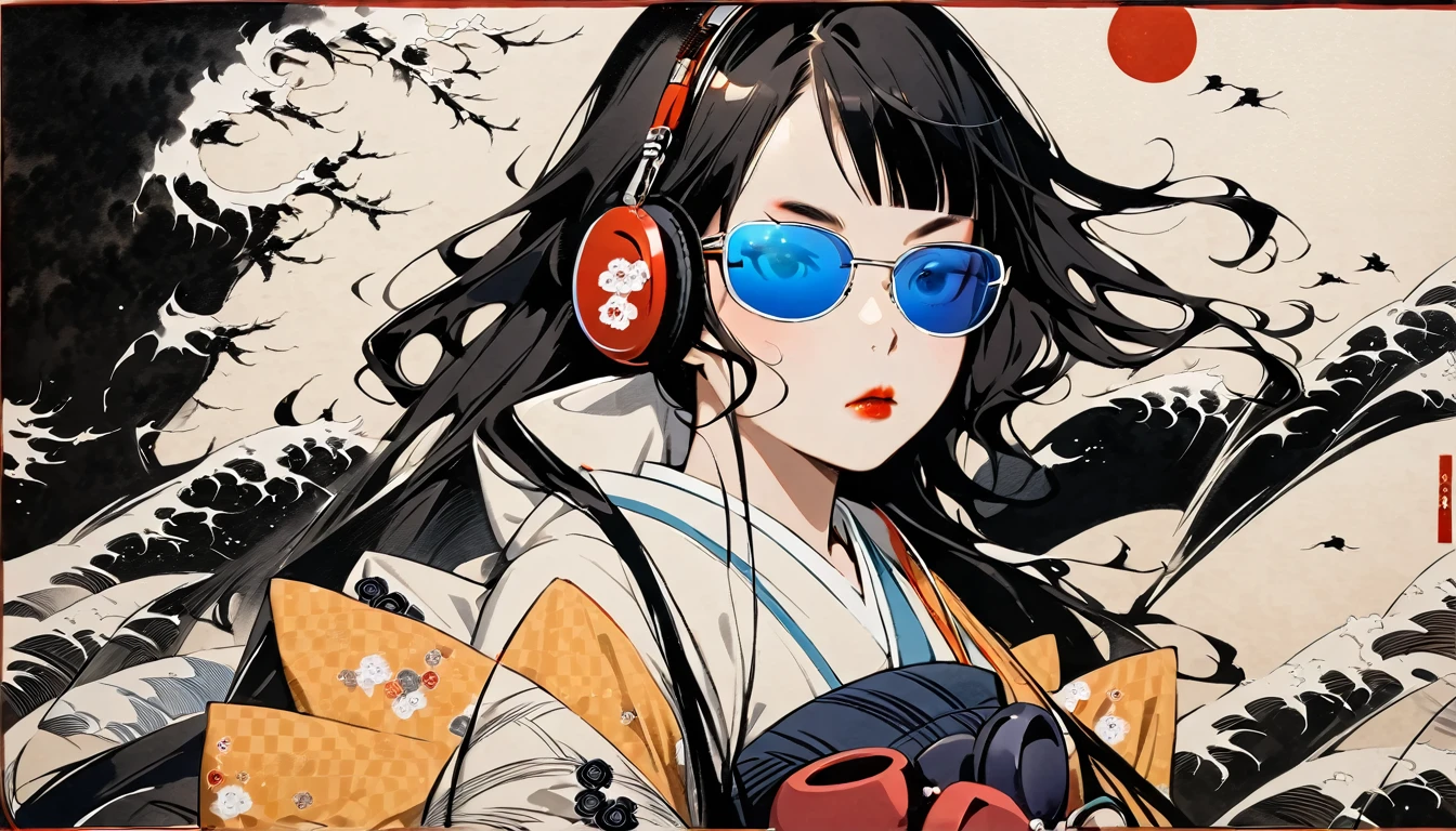 (((Highest quality))), (((Katsushika Hokusai))), (((Ink Painting))), ((very straight longhair)), ((1 girl)), ((Japanese style headphones)), ((Beautiful girl wearing light-colored sunglasses)), Black Hair, Delicate and precise, Modern ukiyo-e style